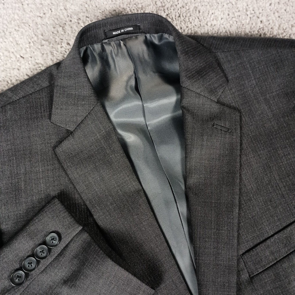 Claiborne 44R 42x30 Mens Suit Grey Herringbone Wool Blend Modern Fit Stretch